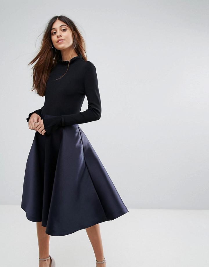 Ted Baker Zadi Knitted Bodice Frill Cuffed Dress - Navy