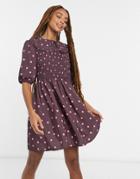 Asos Design Shirred Mini Skater Dress With Peter Pan Frill Collar In Polka Dot-multi