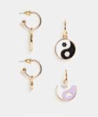 Asos Design Pack Of 2 Hoop Earrings With Kitsch Yin Yang Charms In Gold Tone