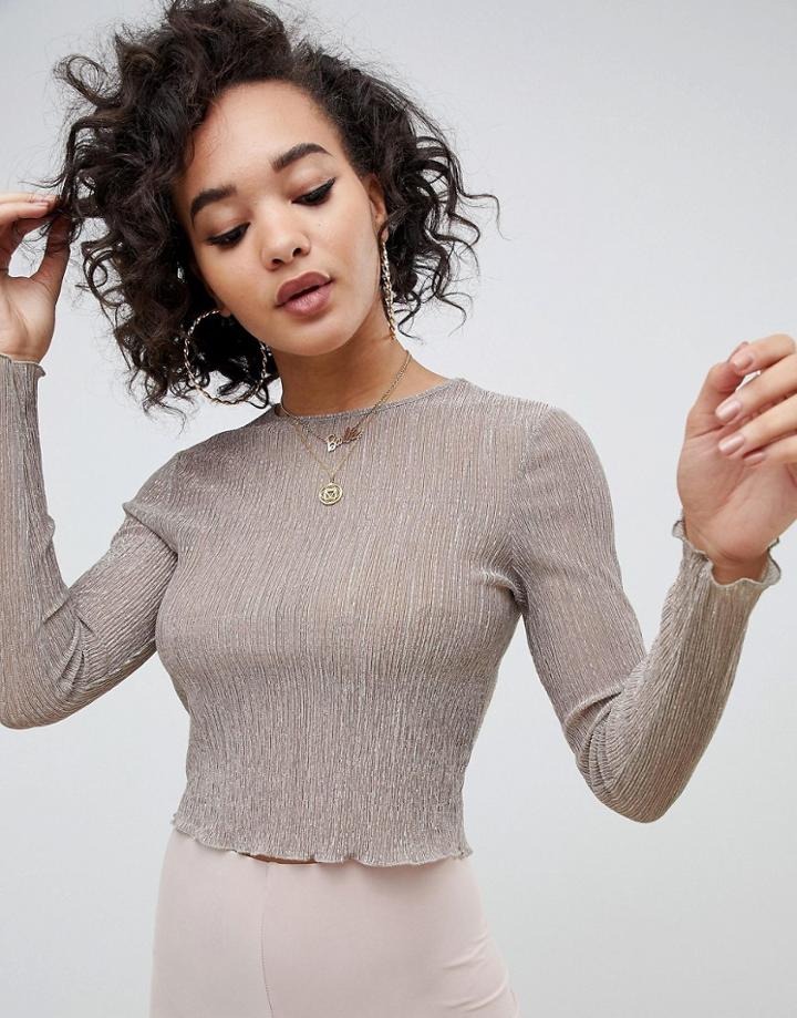 Asos Design Top In Plisse Metallic Mesh With Long Sleeve - Gold