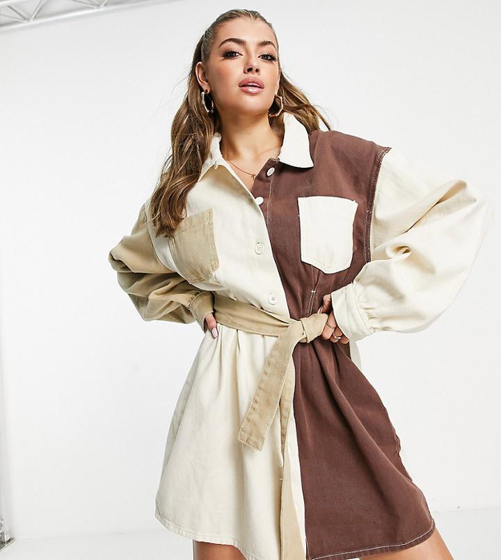 Missguided Color Block Shirt Dress In Brown