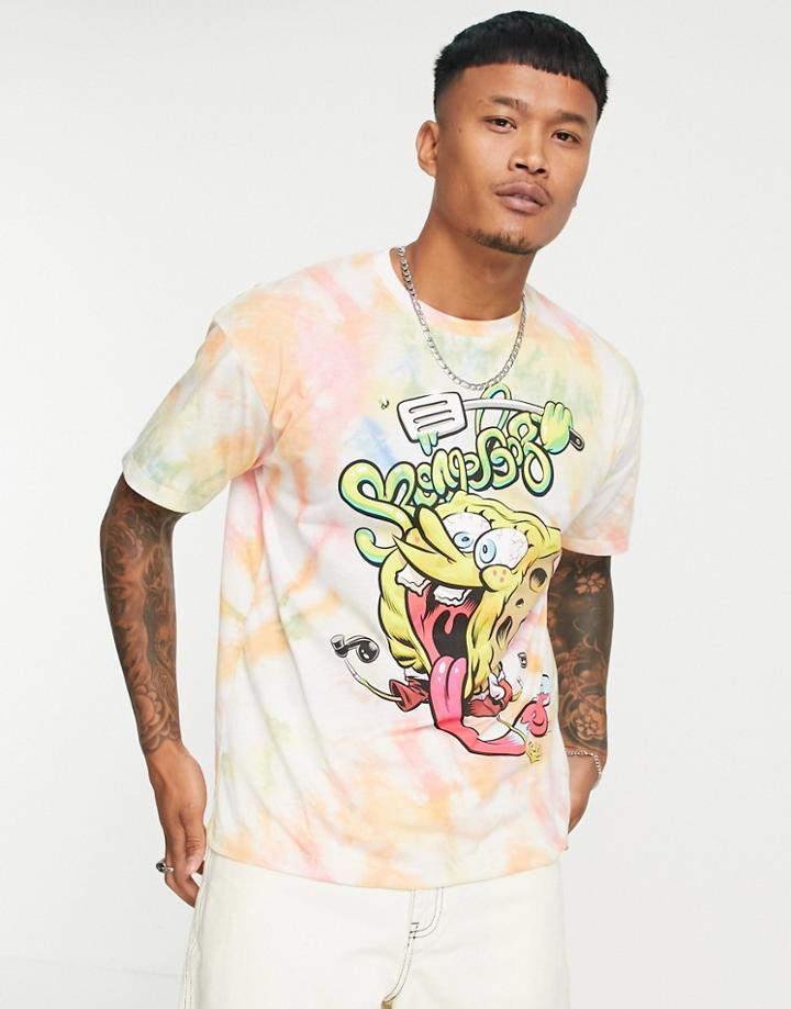 Pull & Bear Oversized Spongebob T-shirt In Tie-dye Orange