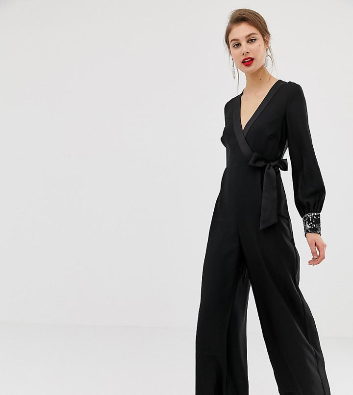 Warehouse Wrap Jumpsuit With Embellished Cuff In Black - Multi