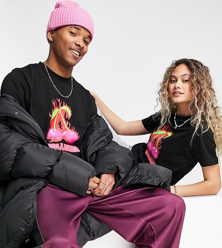 Collusion Unisex Slim Fit T-shirt With Cherry Flames Print In Black