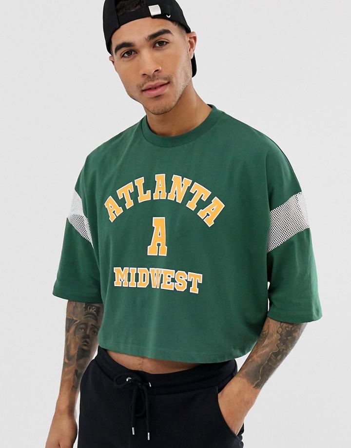 Asos Design Oversized Crop T-shirt With Mesh Inserts And City Print-green