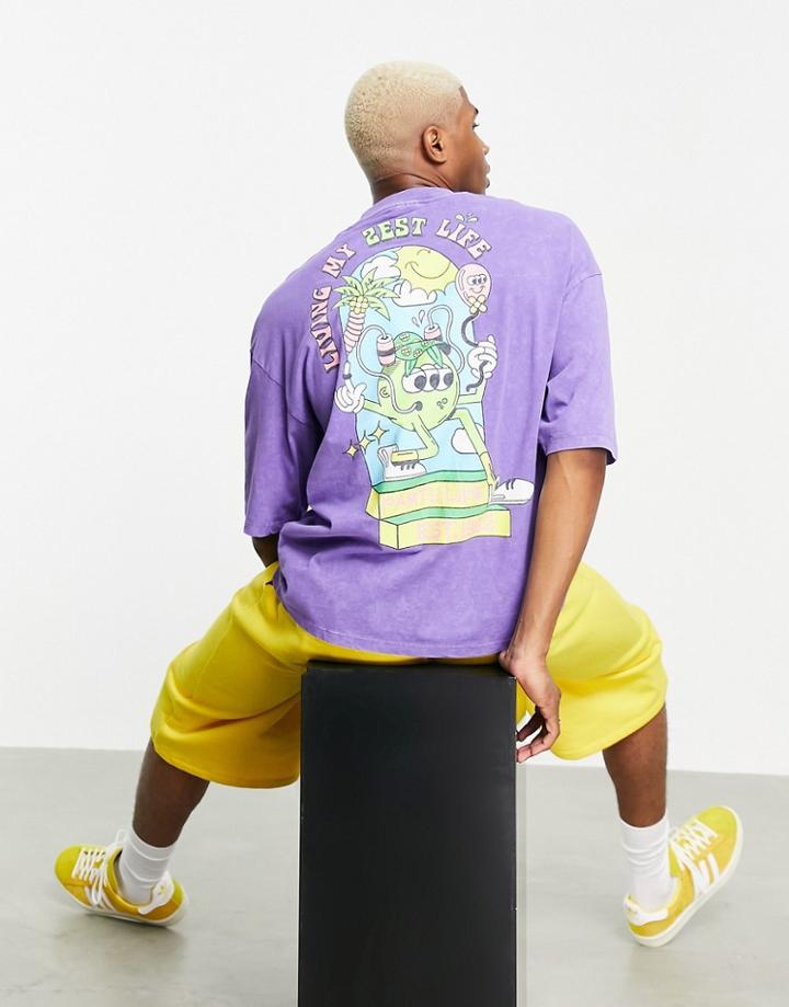 Asos Design Oversized T-shirt In Washed Purple With Cartoon Back Print