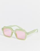 Asos Design Recycled Bevelled Angular Square Sunglasses In Milky Green