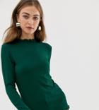 Warehouse Ribbed High Neck Top With Lettuce Hem In Green - Green