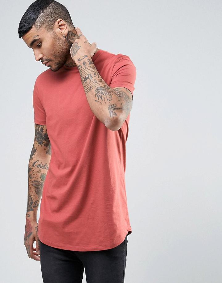 Asos Super Longline T-shirt In Red With Curved Hem - Red