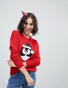Brave Soul Holidays Penguin Sweater - Red