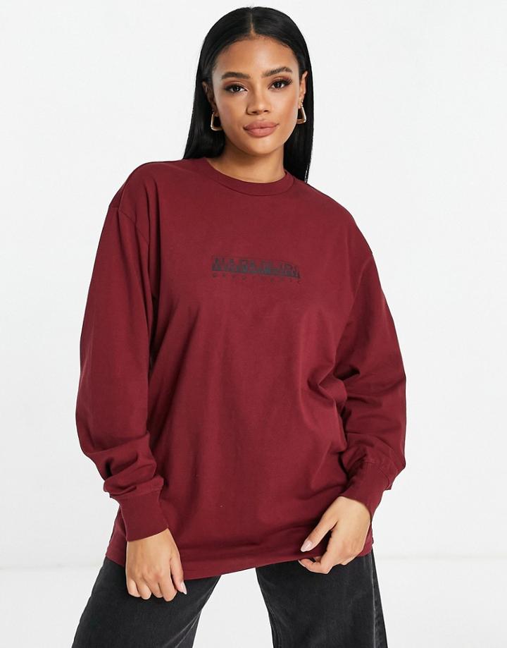Napapijri Box Long Sleeve T-shirt In Burgundy-red