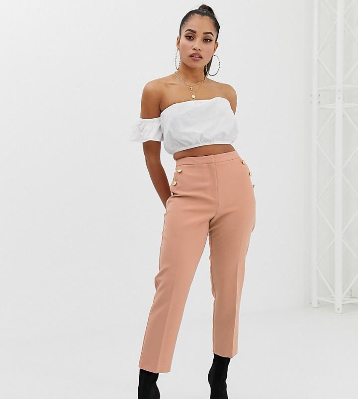 Asos Design Petite Slim Pants With Military Button Detail-stone