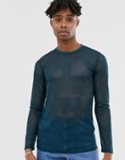 Asos Design Long Sleeve T-shirt In Navy Mesh - Navy