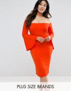Club L Plus Bardot Dress With Flute Sleeves - Red