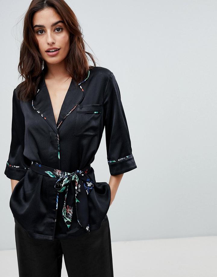 Stylestalker Avalon Rever Collar Shirt With Floral Print Belt - Black