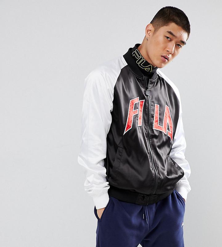 Fila Black Line Satin Bomber Jacket With Large Logo - Black