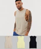 Asos Design 3 Pack Organic Sleeveless T-shirt With Crew Neck And Dropped Armhole Save-multi