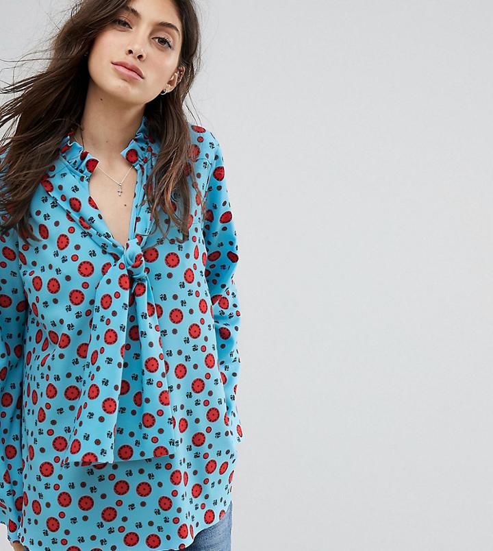 Reclaimed Vintage Inspired Tie Neck Blouse In Circle Print - Blue