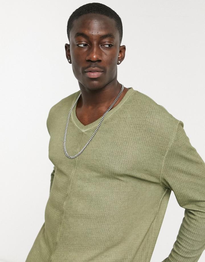 Asos Design Relaxed Long Sleeve T-shirt With Deep V In Cotton Mesh With Oil Wash-green