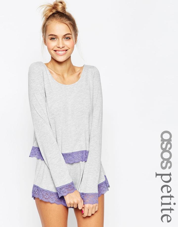 Asos Petite Lace Trim Top With Long Sleeves & Shorts Pajama Set - Gray
