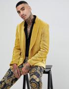 Asos Design Relaxed Blazer In Pleated Mustard Velvet - Yellow