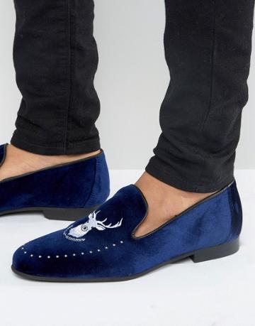 Walk London Mayfair Embroidered Stag Loafers - Blue