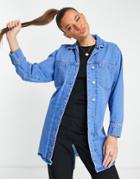 Miss Selfridge Longline Belted Denim Jacket In Midwash Blue