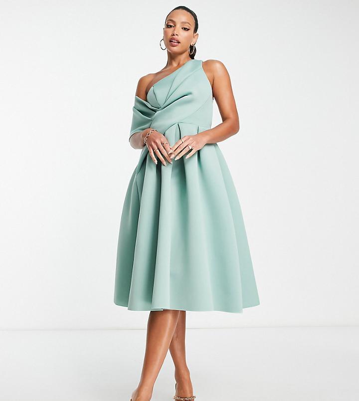 Asos Design Tall Bare Shoulder Prom Dress In Frosted Sage-green