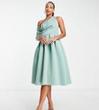 Asos Design Tall Bare Shoulder Prom Dress In Frosted Sage-green