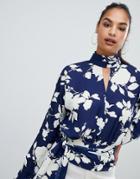 Boohoo High Neck Key Hole Detail Blouse In Blue Floral - Multi