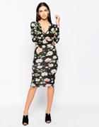 Club L Plunge Neck Midi Dress In Spring Floral Print - Black