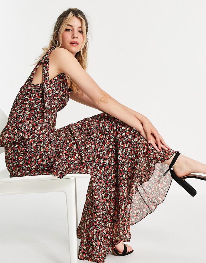 In The Style X Jac Jossa Tie Strap Ruffle Tiered Maxi Dress In Black Floral Print-multi