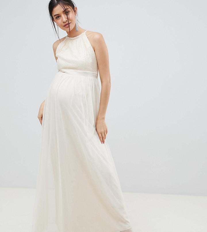 Little Mistress Maternity Sequin High Neck Maxi Dress In Cream - Cream