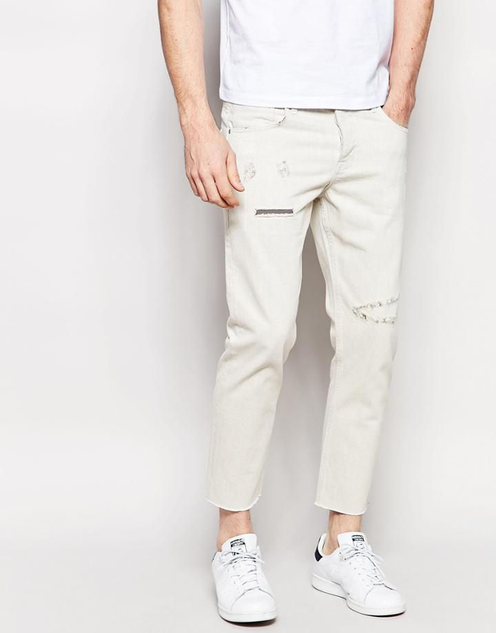Asos Slim Jeans In Ecru With Raw Hem And Rip And Repair Details - Ecru