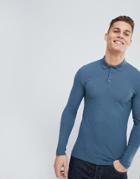 Asos Design Muscle Fit Long Sleeve Pique Polo In Blue - Blue