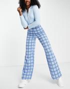 Asos Design Straight Leg Dad Puddle Hem Pants In Pop Blue Check-multi