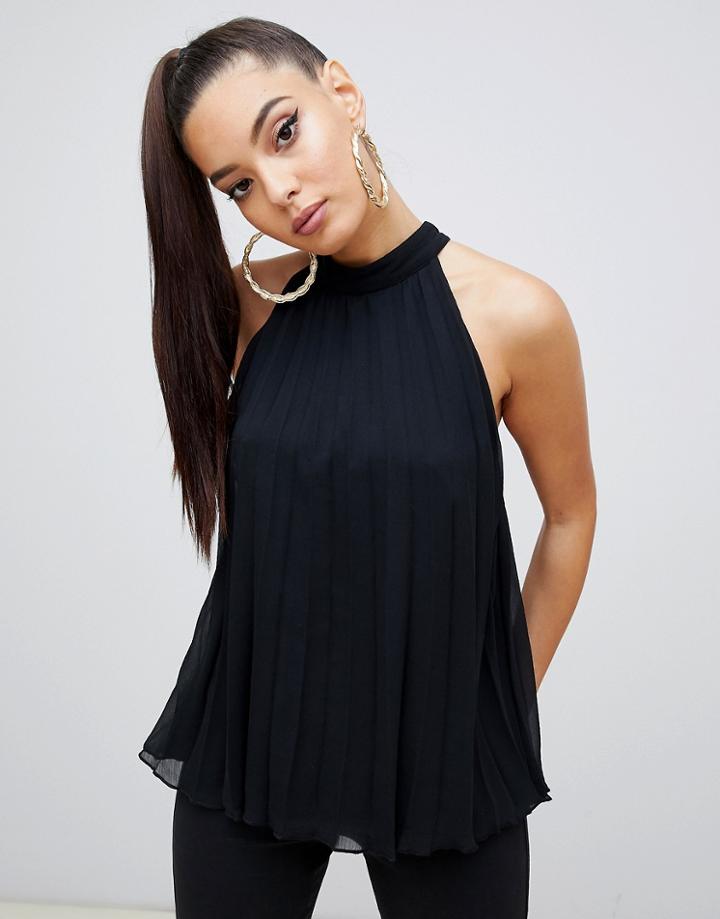 Asos Design Pleated Halter Top With Open Back - Black
