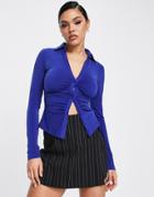 Asos Design Ruched Plunge Shirt In Slinky In Cobalt-blue