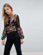 New Look Emboridered Mesh Woven Top - Black