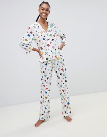 Asos Design Doodle Star Print Traditional Pants Set In 100% Modal-white