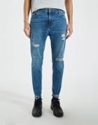 Pull & Bear Premium Carrot Fit Jeans With Rips In Blue-blues