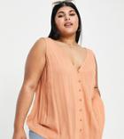 Asos Design Curve V-neck Crinkle Tank Top With Horn Buttons In Soft Rust-brown