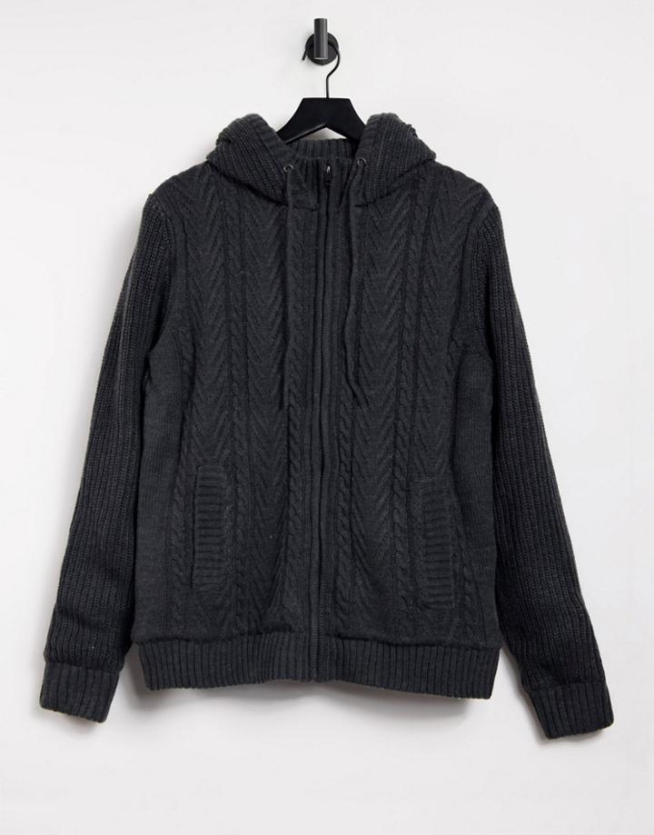 French Connection Wool Blend Sherpa Lined Hooded Knit Sweater In Heather Gray-grey