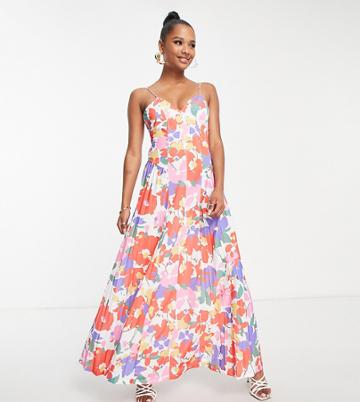 Asos Design Petite Polyester Cami Side Panel Pleated Maxi Dress In Floral - Multi
