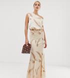 Asos Design Tall One Shoulder Satin Drape Maxi Dress In Brush Stroke Print - Beige