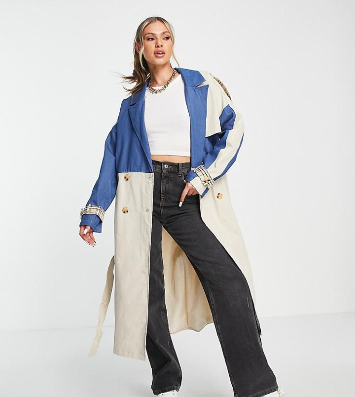 Missguided Spliced Denim Trench Coat In Beige-neutral