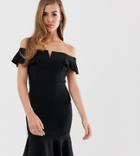 Boohoo Bodycon Bardot Midi Dress With Frill Hem In Black - Black