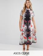 Asos Curve Midi Dress With High Neck And Open Back In Placement Swan P