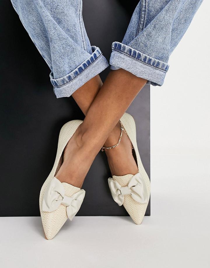 Asos Design Lake Bow Pointed Ballet Flats In Natural Raffia-neutral