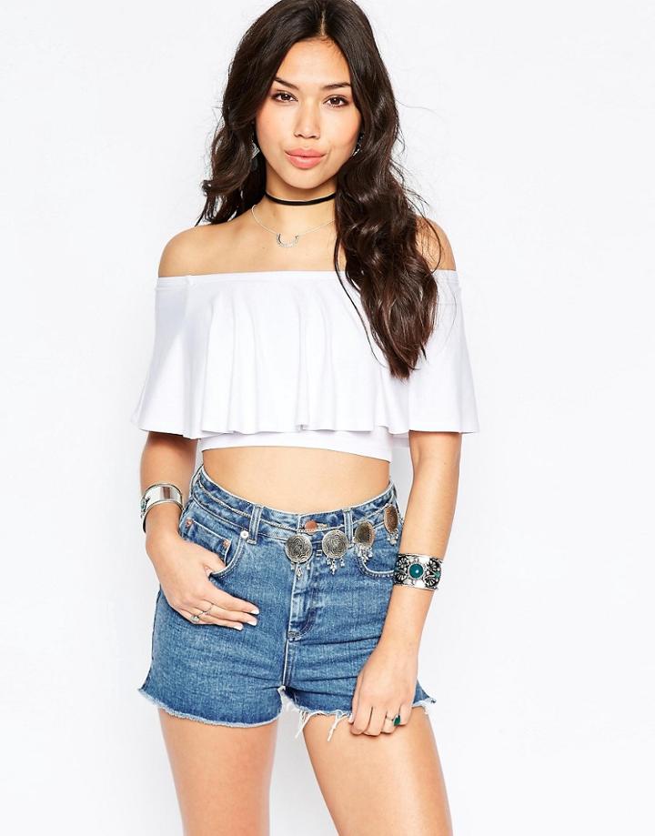 Asos Off Shoulder Top With Ruffle Detail - White